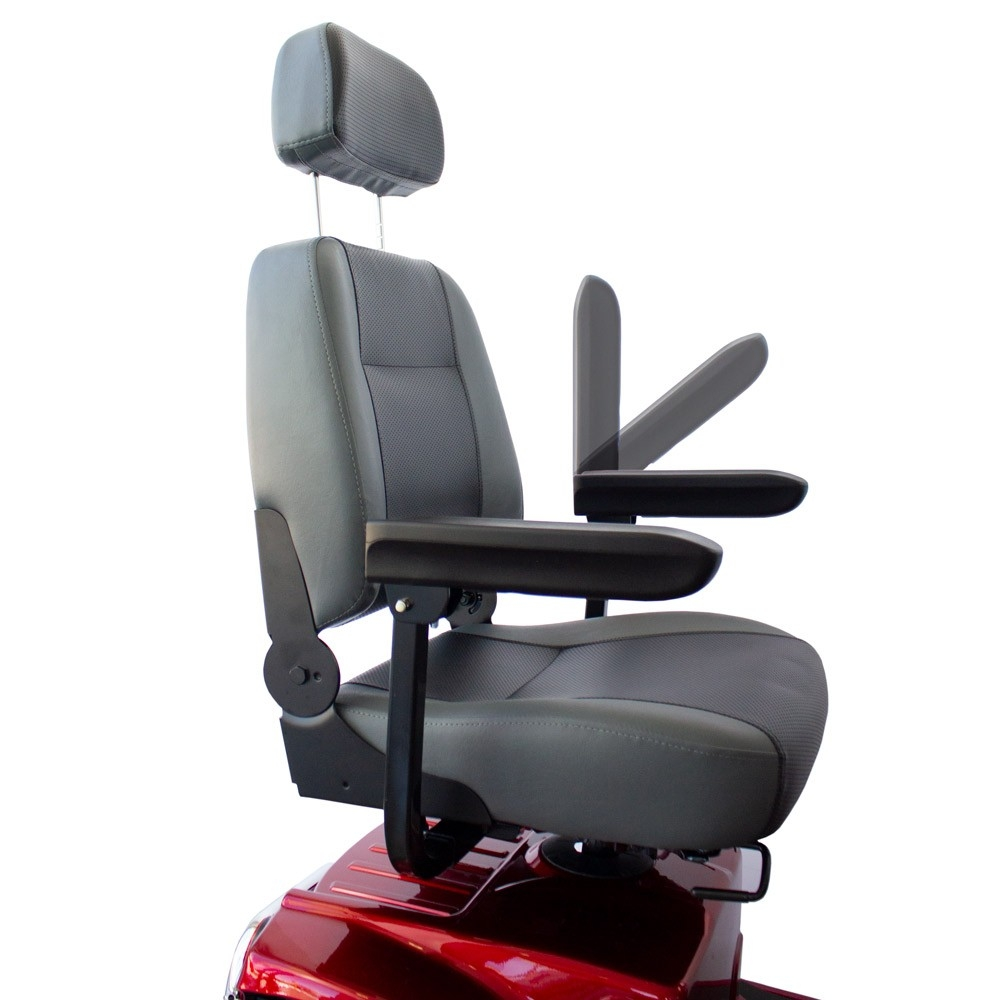 Asiento gris con reposacabezas y reposabrazos ajustables sobre base roja.