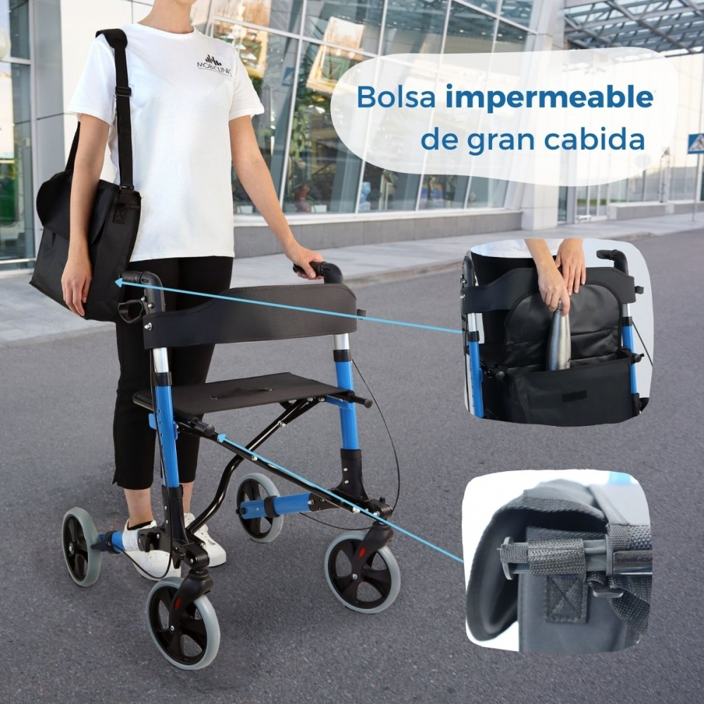 Una persona junto a un andador azul con asiento y bolsa. Vista detallada de la bolsa.