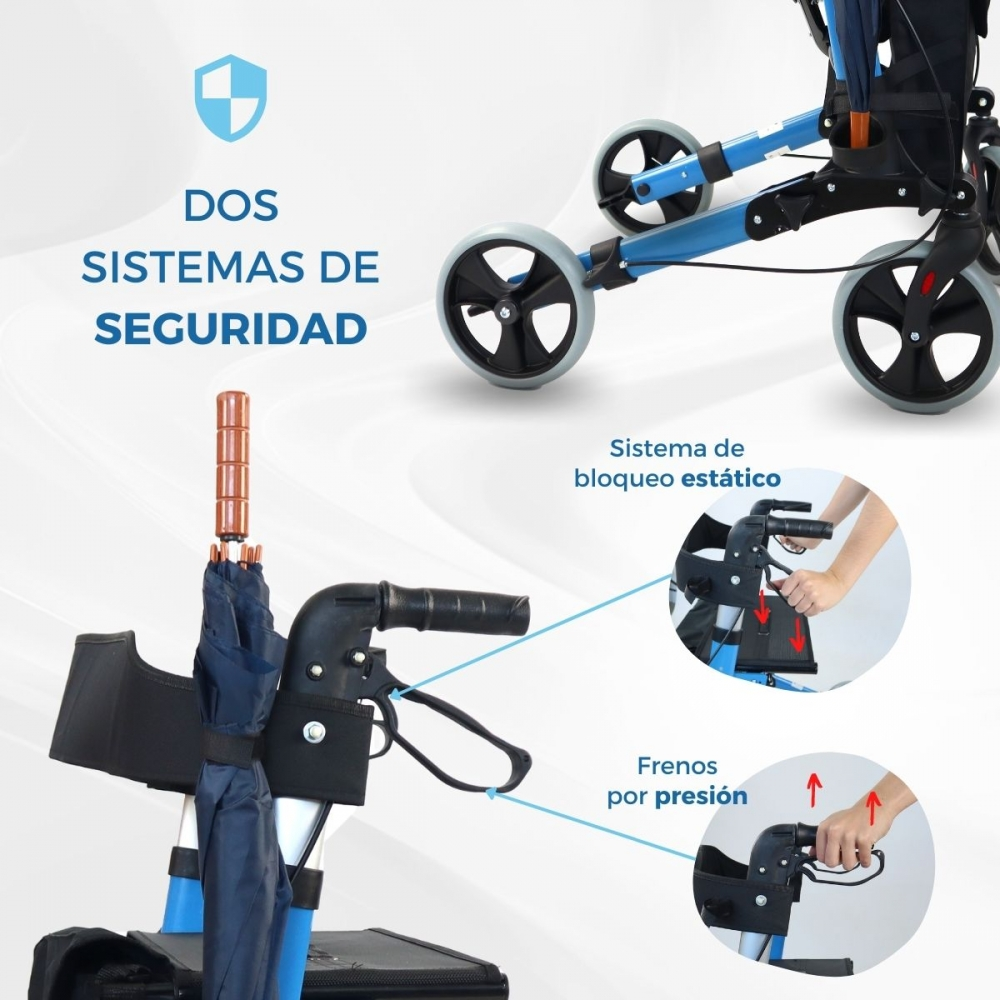 Un andador azul con ruedas, mangos y portaparaguas.