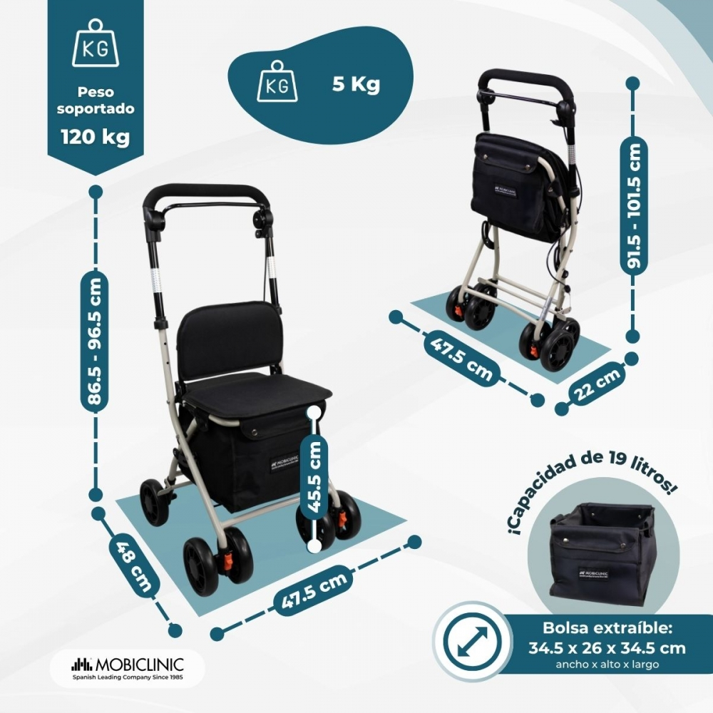 Andador con asiento, bolsa, medidas y especificaciones de peso.