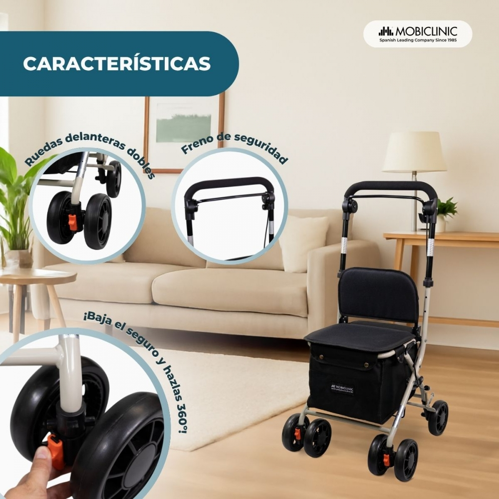 Andador con asiento, ruedas dobles y freno. Ambiente interior.