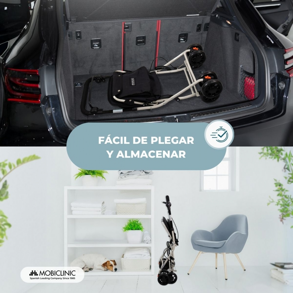 Un cochecito está plegado en el maletero de un coche y en una casa.
