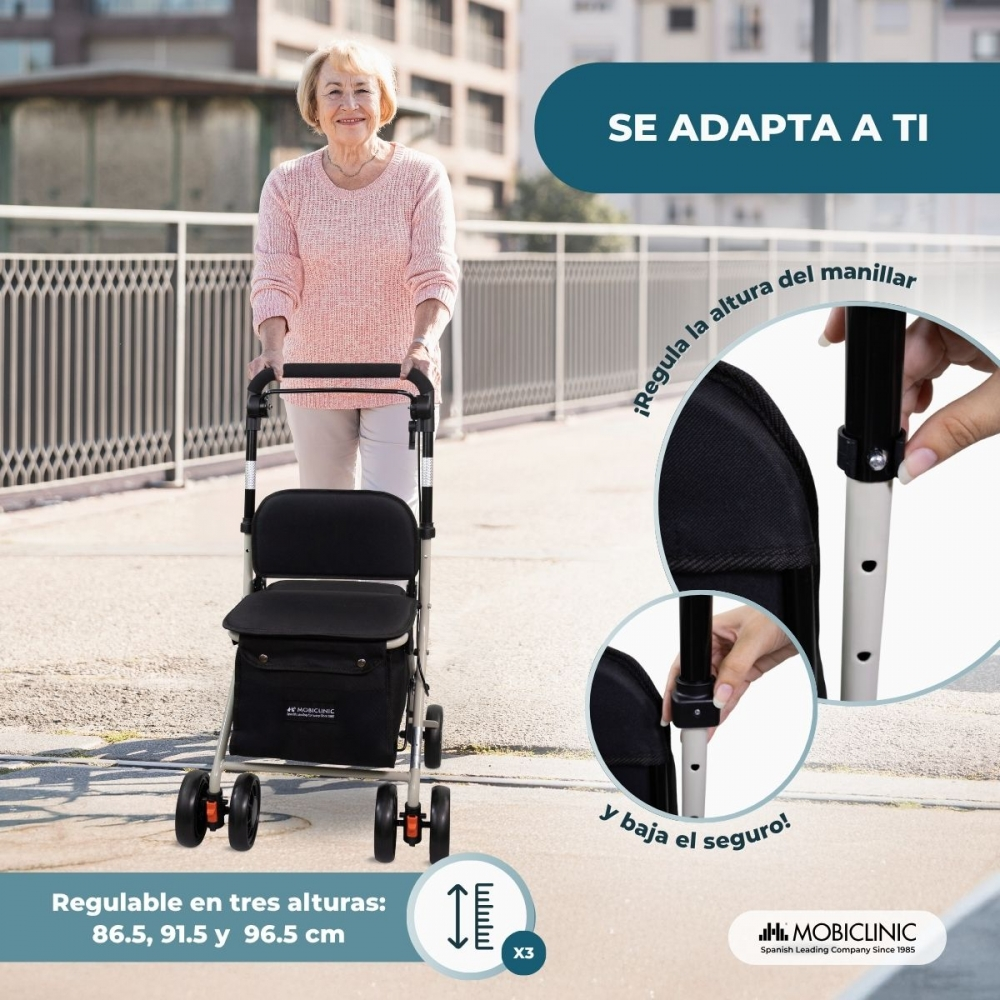 Mujer mayor con andador en un puente. La altura es regulable.