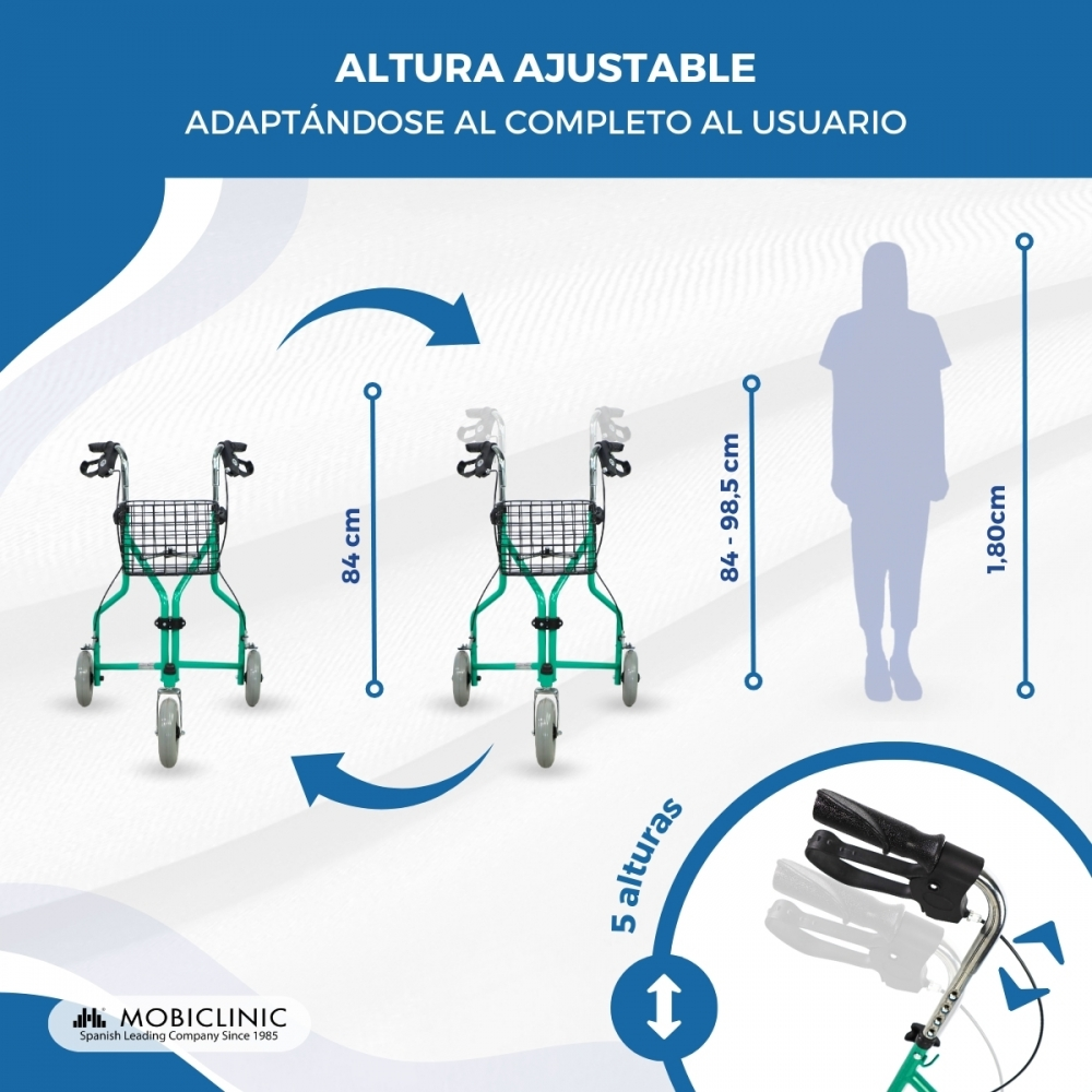 Andador verde con cesta, altura ajustable 84-98,5 cm. Adecuado para persona de 1,80m.
