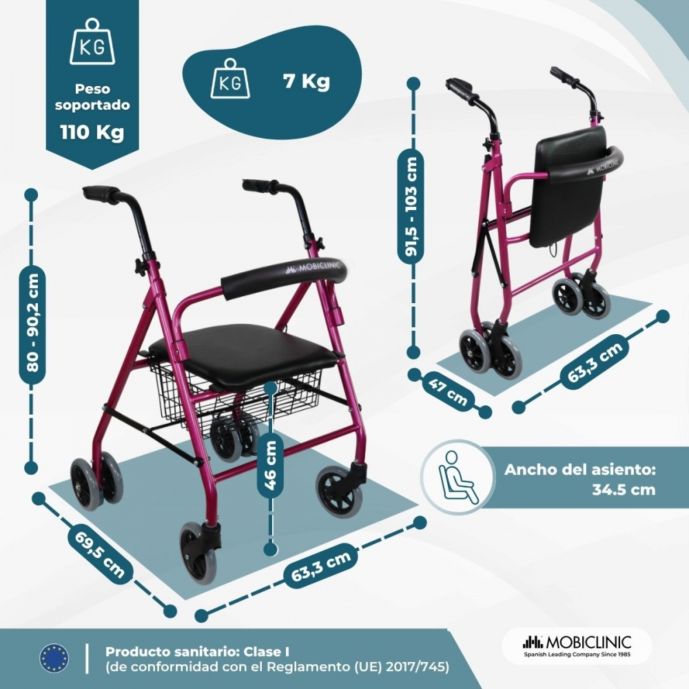 Un andador rosa con asiento y cesta, se muestran las dimensiones.
