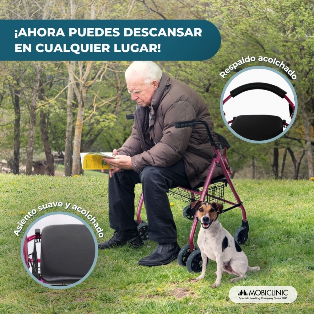 Un anciano se sienta en un andador al aire libre leyendo. Un perro se sienta a su lado.