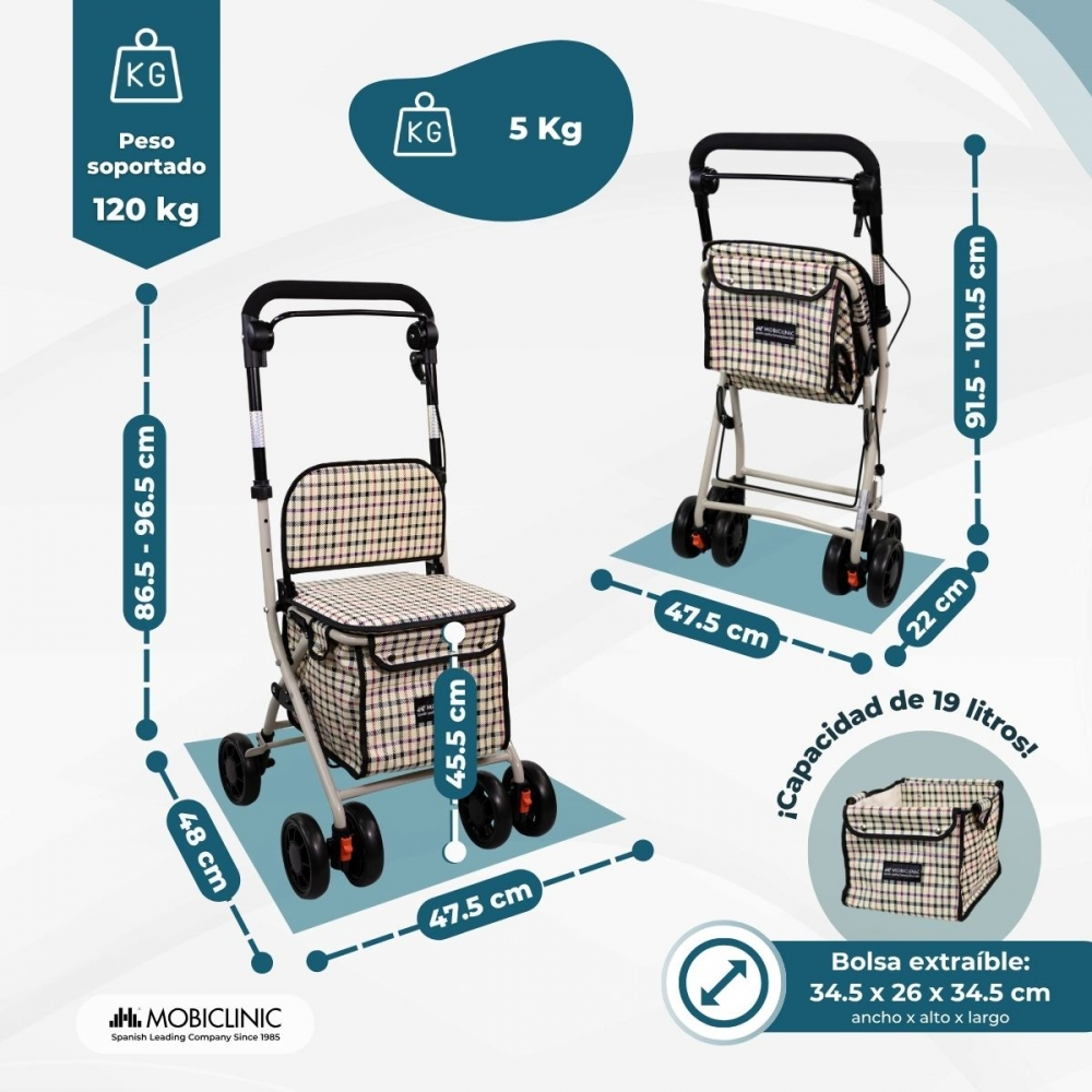 Andador con asiento y bolsa, se muestran medidas y pesos.