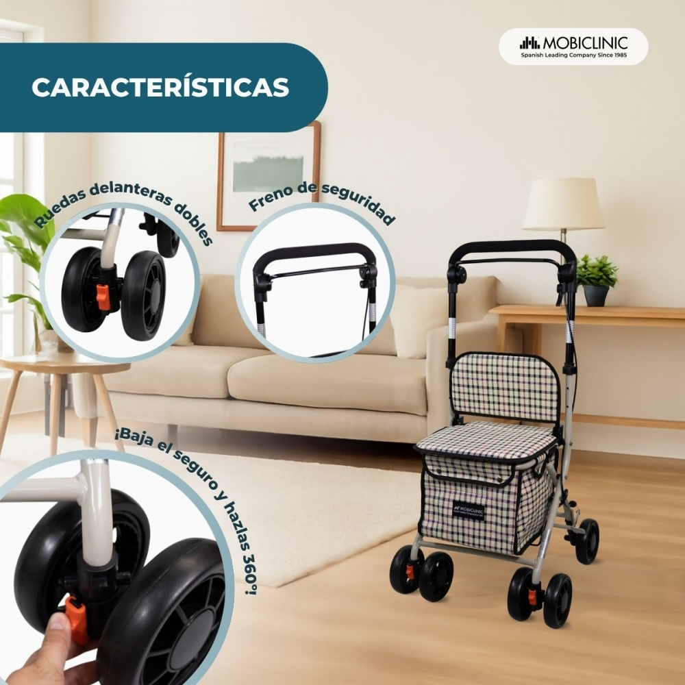 Un andador con asiento a cuadros y bolsa de compras en un salón.