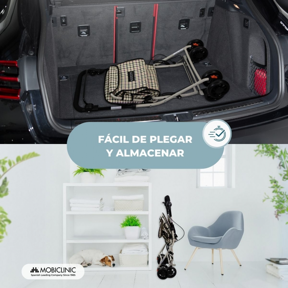 Un andador plegable en un maletero y una estantería con un perro al lado.