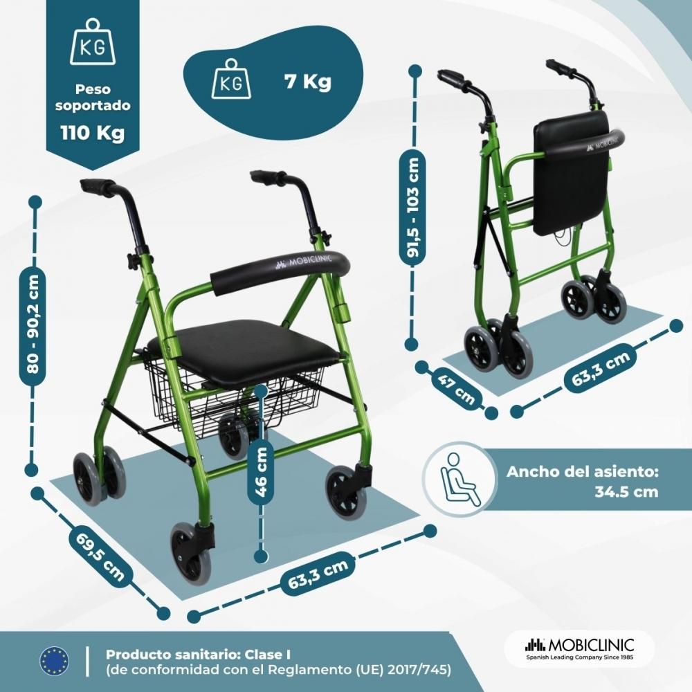 Andador verde con asiento y cesta. Se muestran medidas y peso.