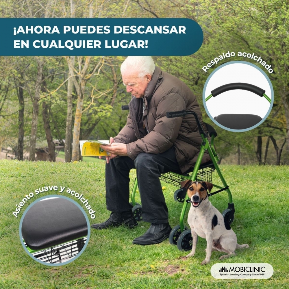 Un anciano lee un libro al aire libre en un andador verde con un perro al lado.