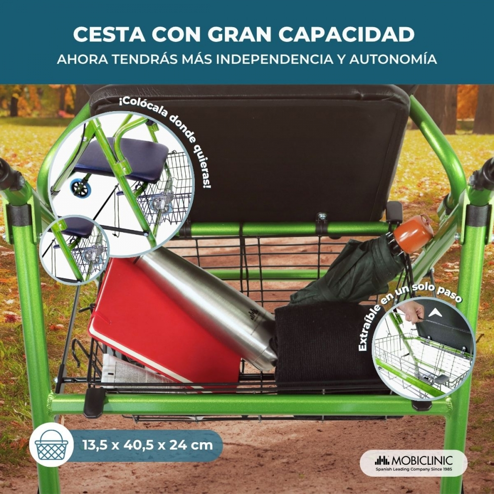 Andador verde con gran cesta que contiene carpeta roja, botella y paraguas.