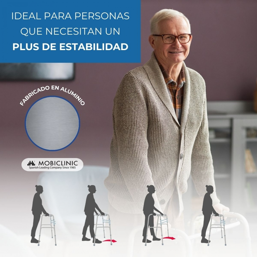 Hombre mayor con andador; marco de aluminio; Mobiclinic.
