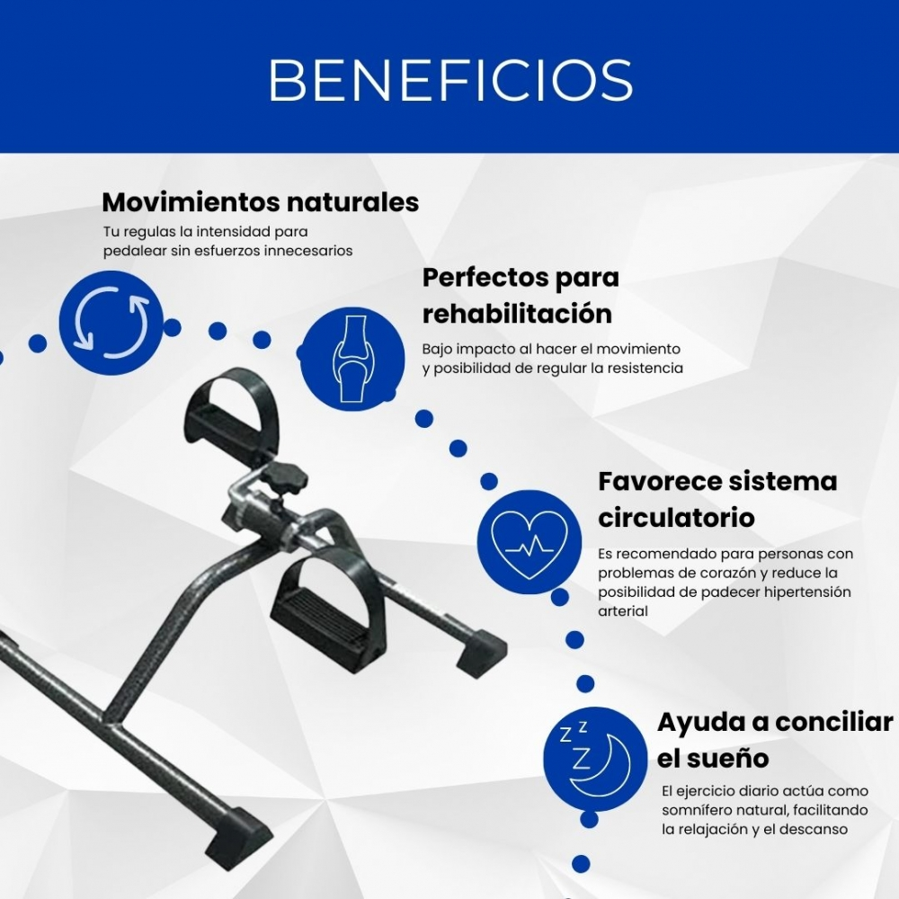 Una bicicleta estática médica con iconos de movimiento natural, rehabilitación, circulación y sueño.