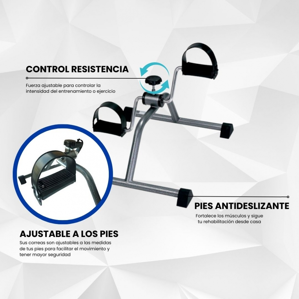 Pedalera gris con control de resistencia ajustable y correas para pies.