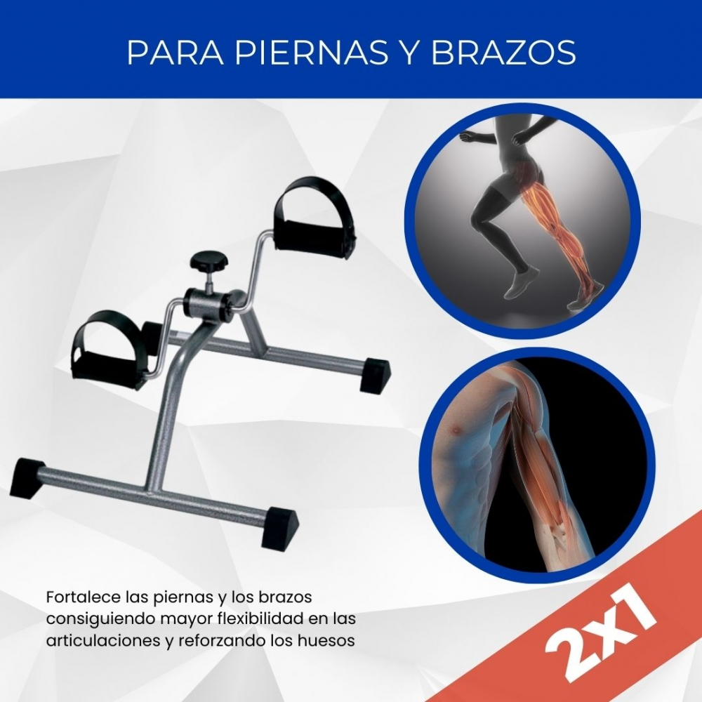 Un ejercitador de pedales plateado para piernas y brazos, con imágenes de músculos.