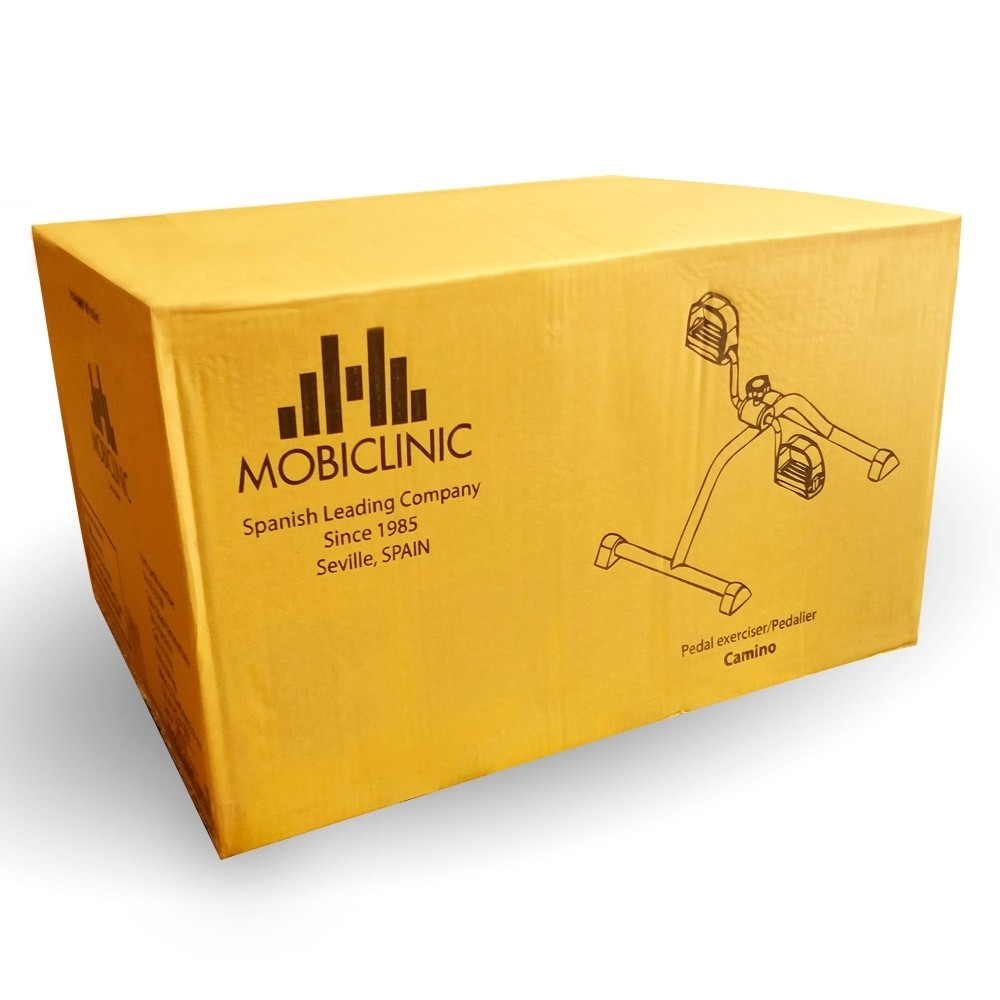 Una caja amarilla con el logo de Mobiclinic y un dibujo de un pedalier.