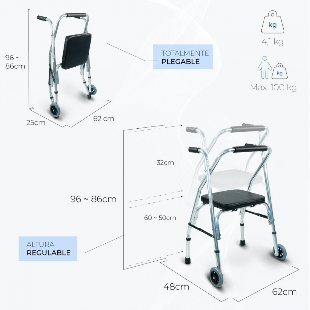 Andador plegable con asiento, altura regulable, 4,1 kg peso, máx. 100 kg.