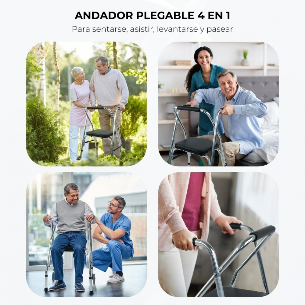 Cuatro imágenes muestran ancianos con andador en varios entornos.