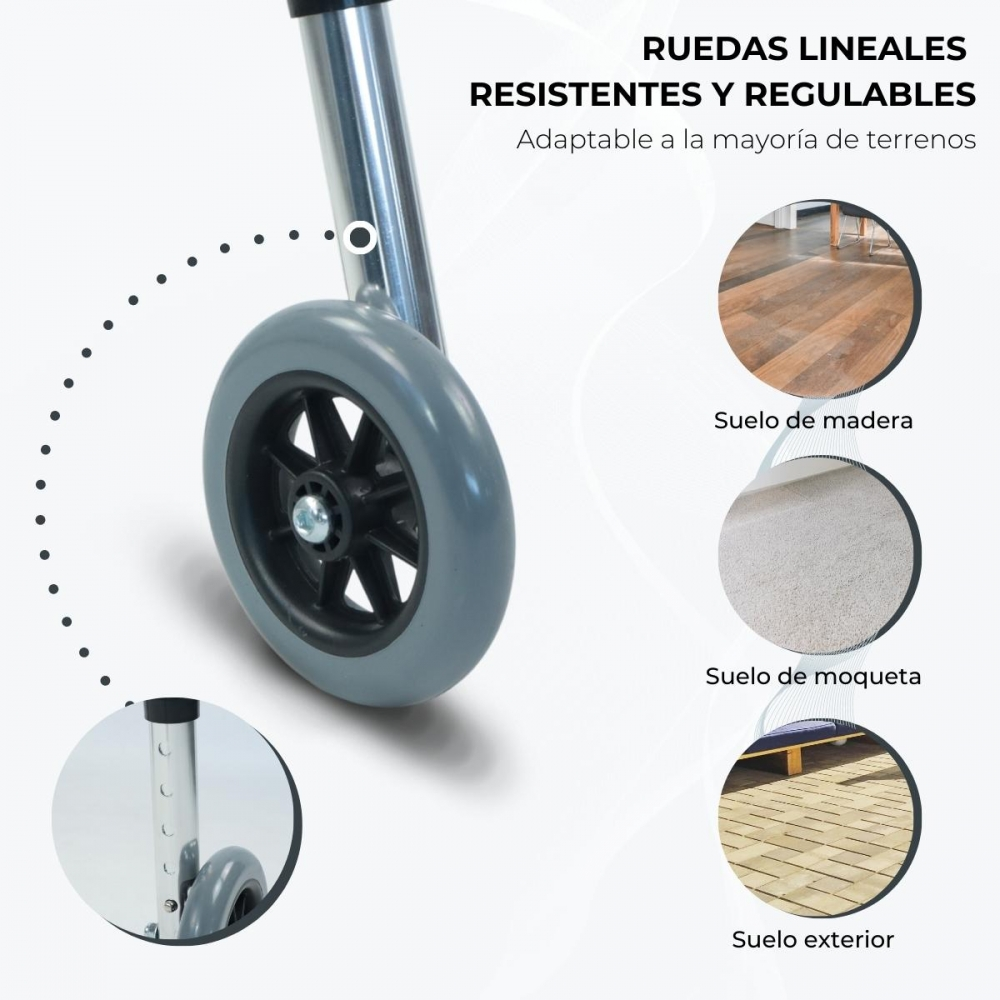 Primer plano de una rueda gris de silla de ruedas con llanta negra, junto a tres imágenes de suelos.