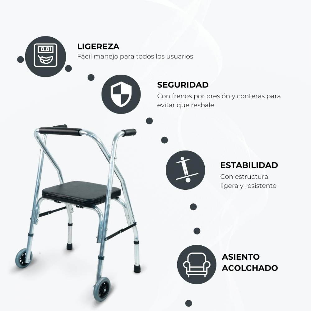 Andador ligero con asiento, asas y ruedas.