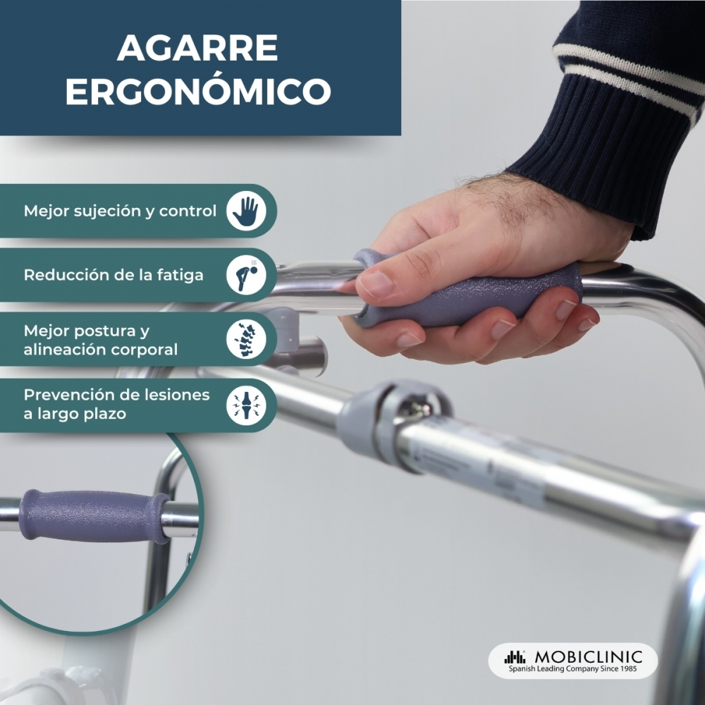 Una mano agarra el mango de un andador. Texto sobre agarre ergonómico.