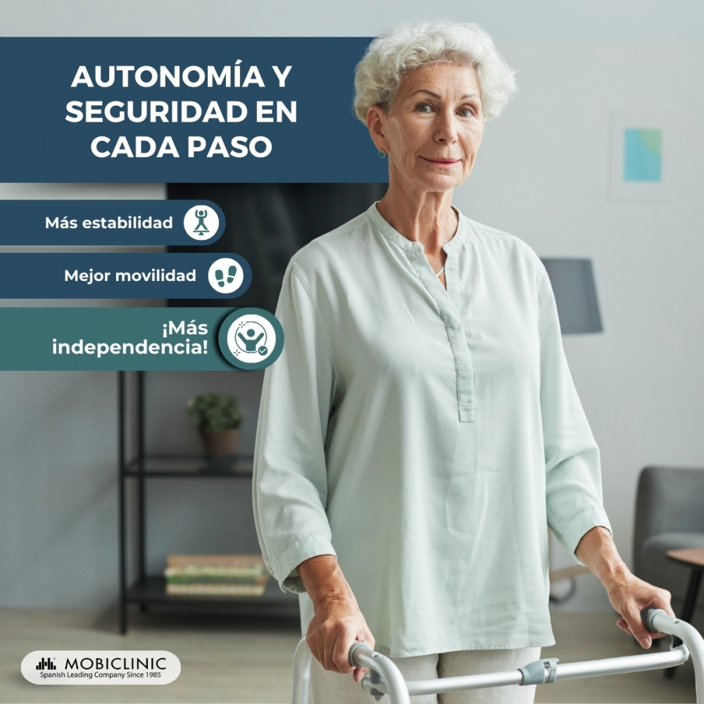 Mujer mayor con andador, texto sobre autonomía y seguridad.