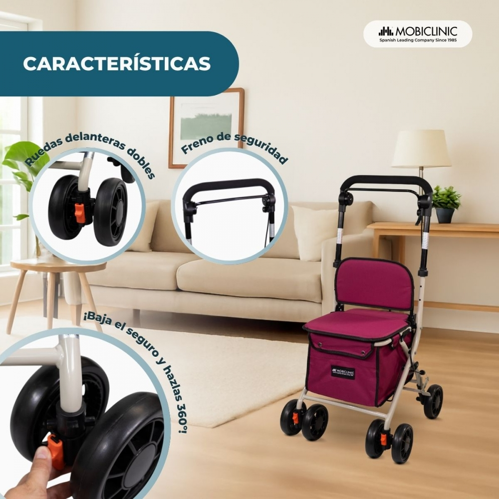 Un andador con asiento y bolsa en una sala.