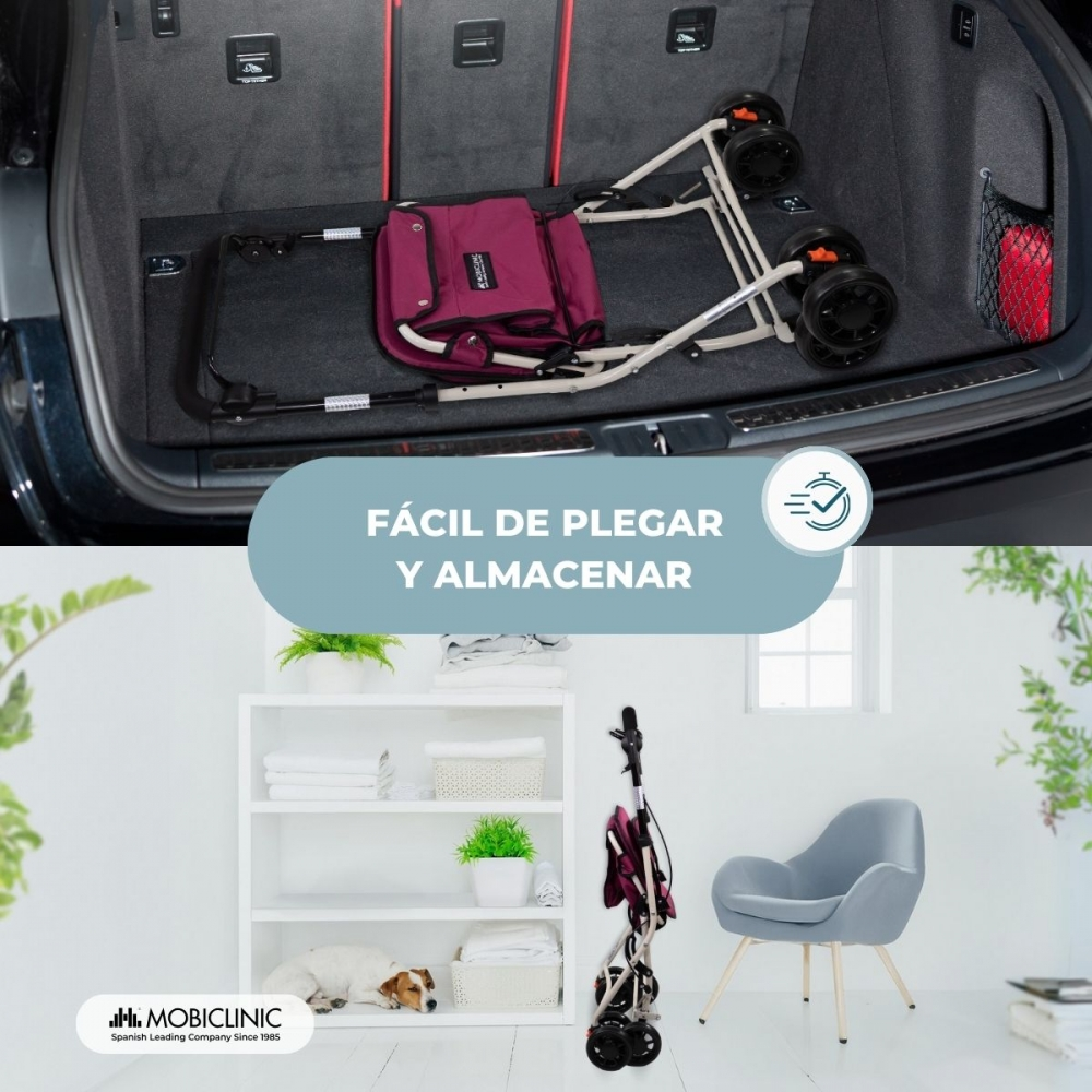 Un andador plegable en un maletero de coche y en una habitación con un perro.