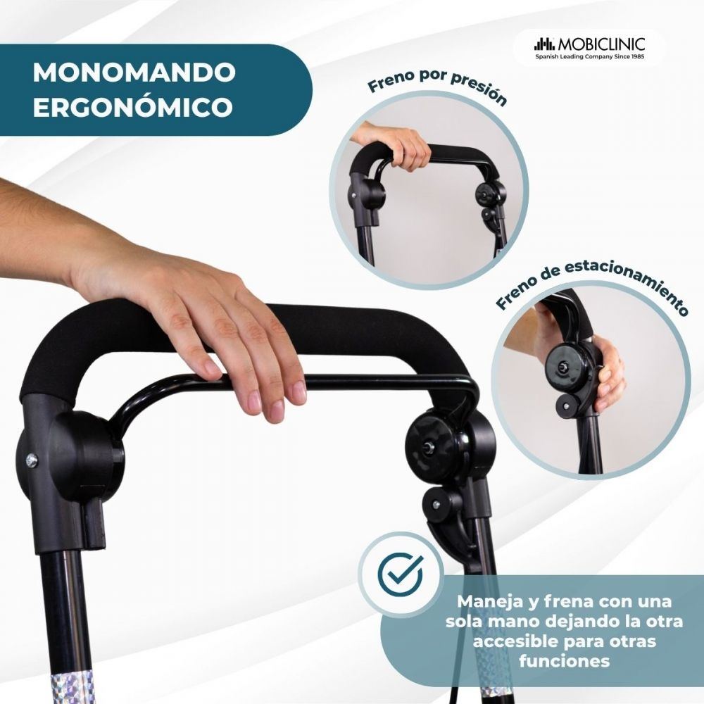 Un andador con mango ergonómico y frenos que se operan con una mano.