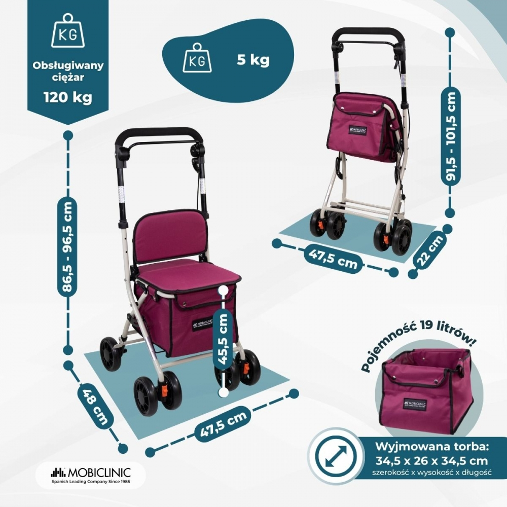 Dos andadores con asiento y bolsa, con dimensiones indicadas.