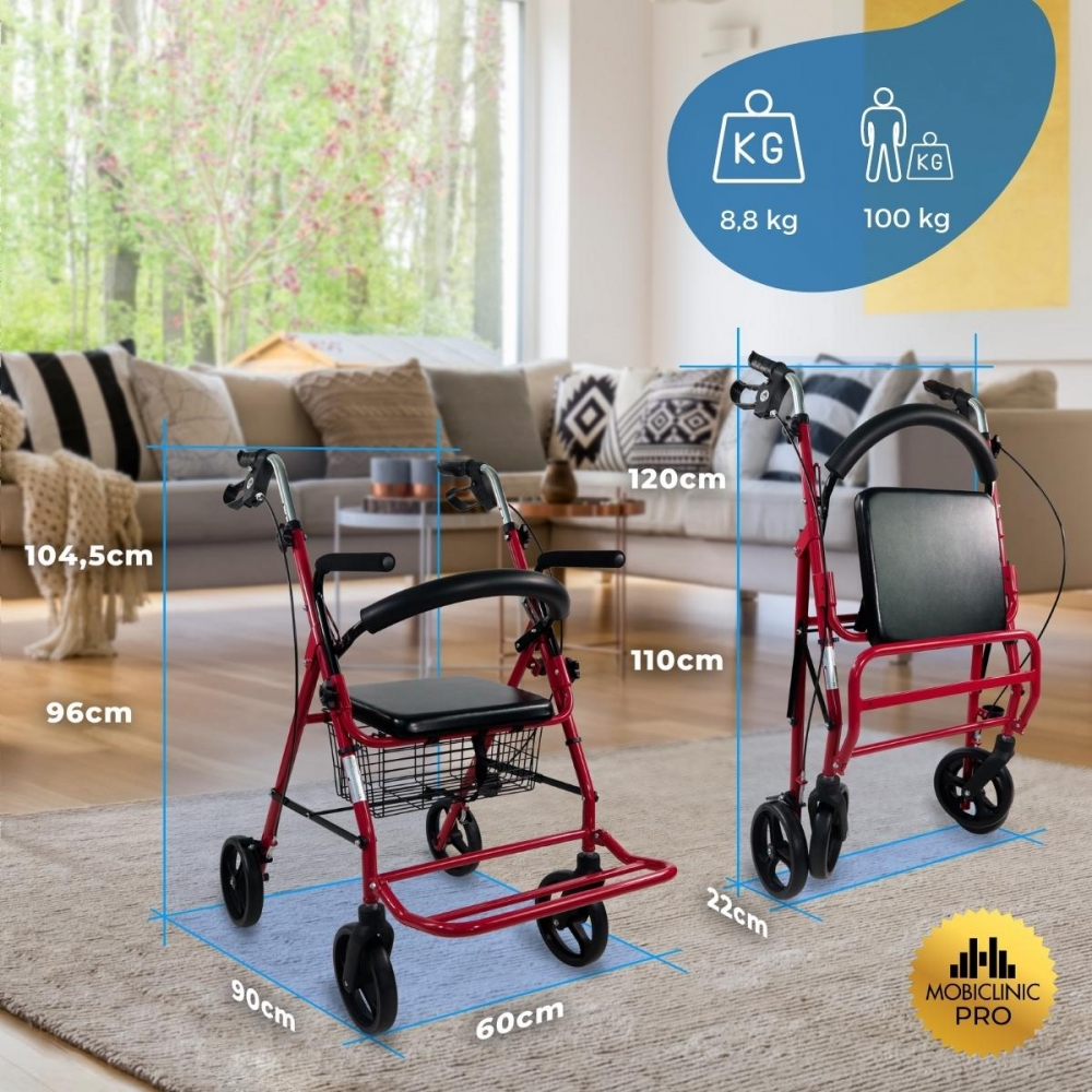 Andador rojo con asiento y cesta, se muestran dimensiones y pesos.