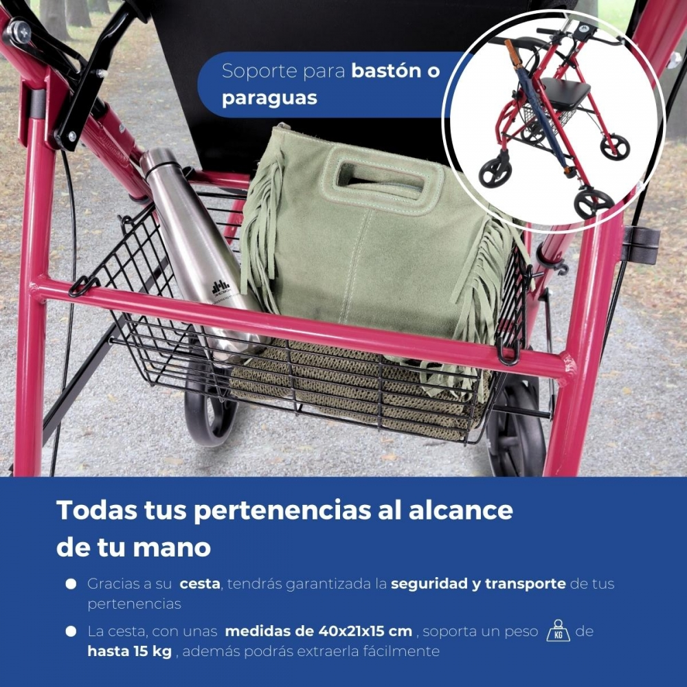 Un andador rojo con una cesta que contiene un bolso verde y una botella plateada.