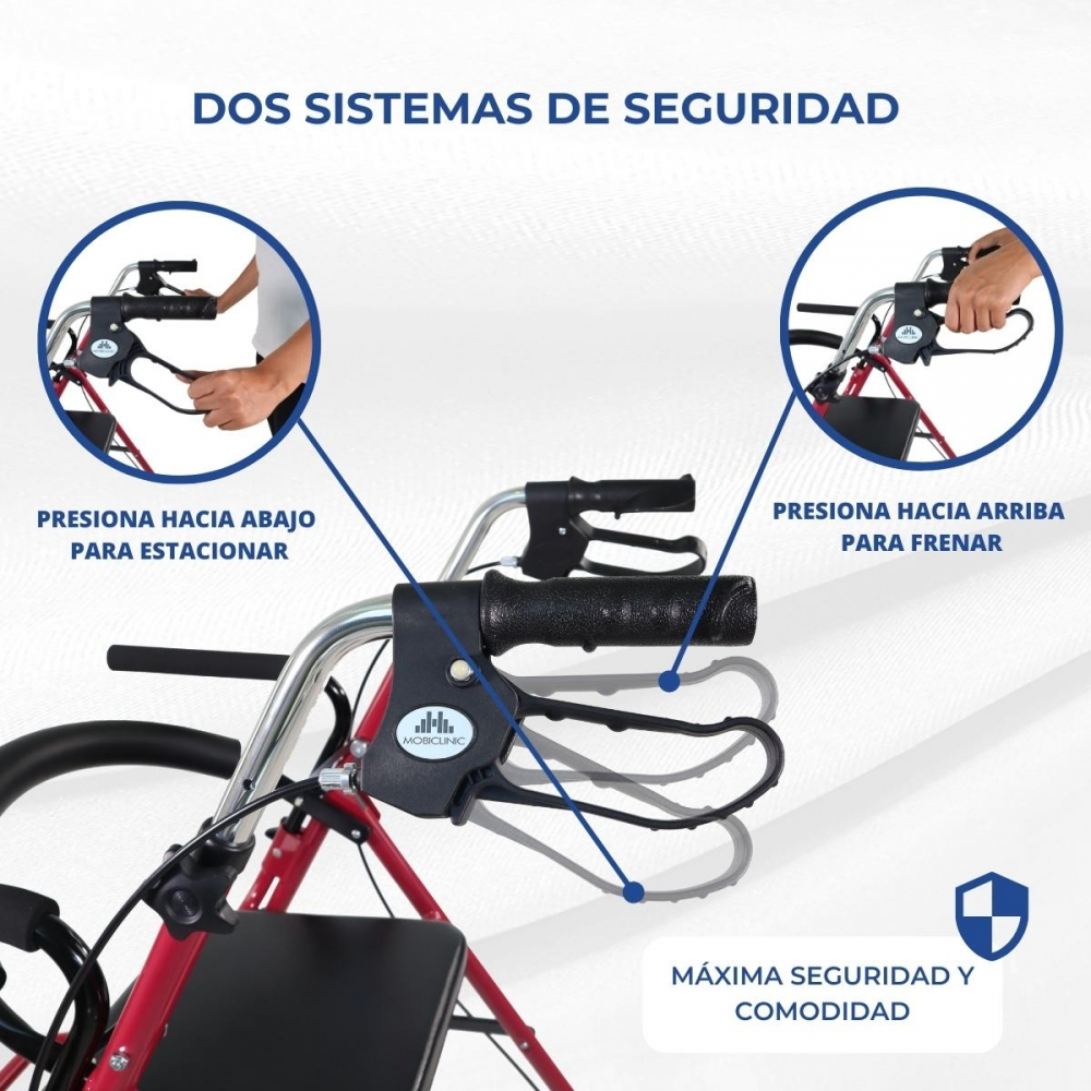 Andador rojo con frenos de seguridad: presiona para aparcar, tira para frenar.