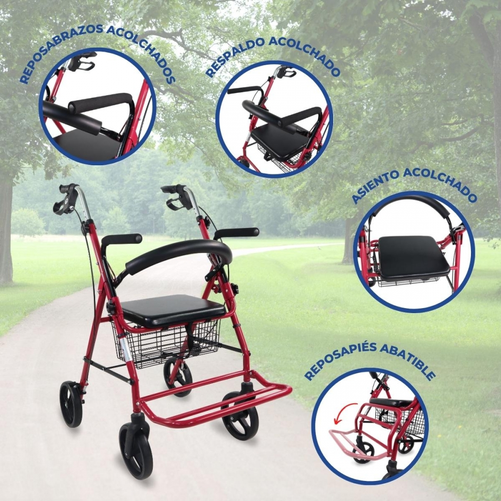 Andador rojo con asiento, respaldo y reposabrazos acolchados. Incluye cesta.