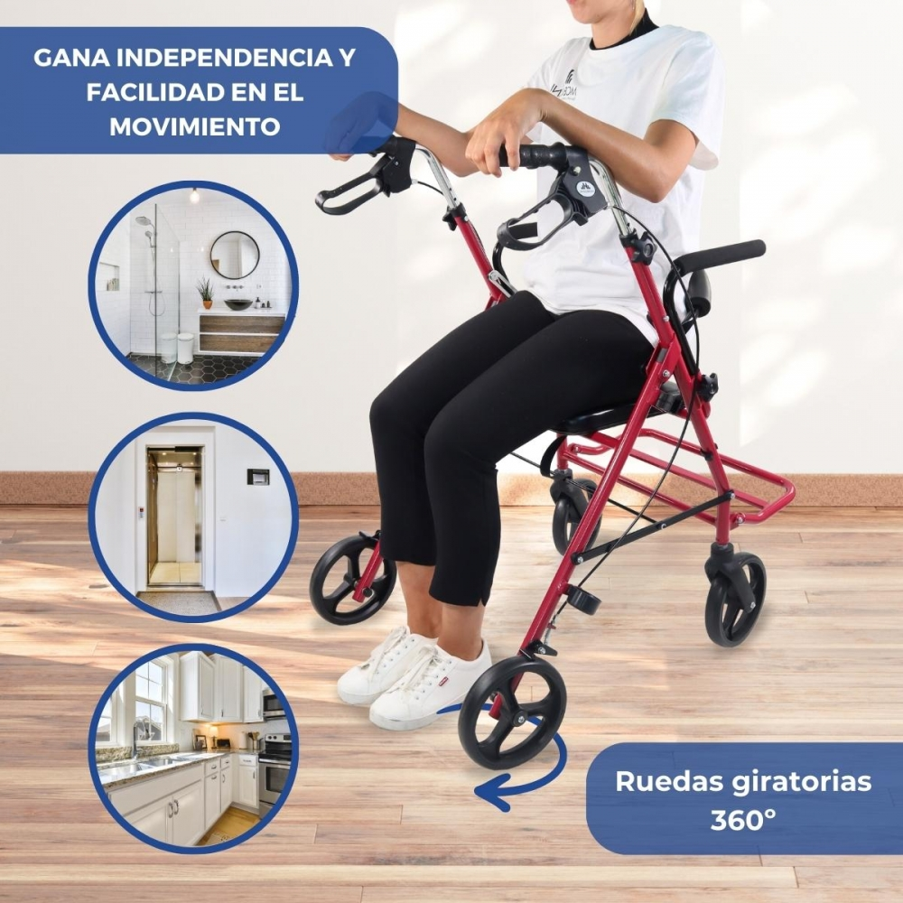 Persona sentada en andador rojo con tres imágenes insertadas: baño, ascensor, cocina.