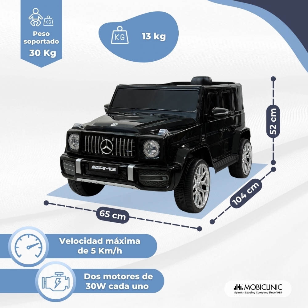 Coche de juguete negro, logo AMG, 104cm L, 52cm A, 65cm An. Soporta 30kg.