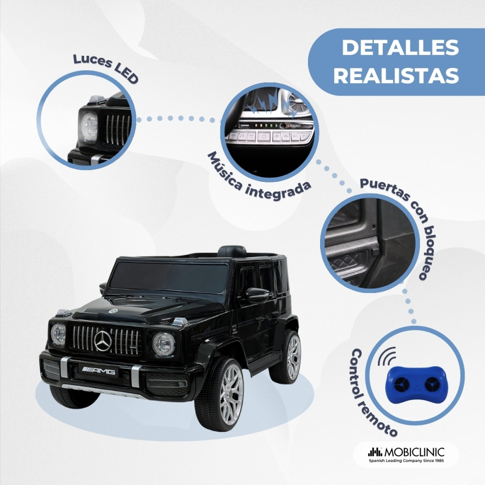Coche de juguete negro con detalles como luces LED, música, puertas y control remoto.