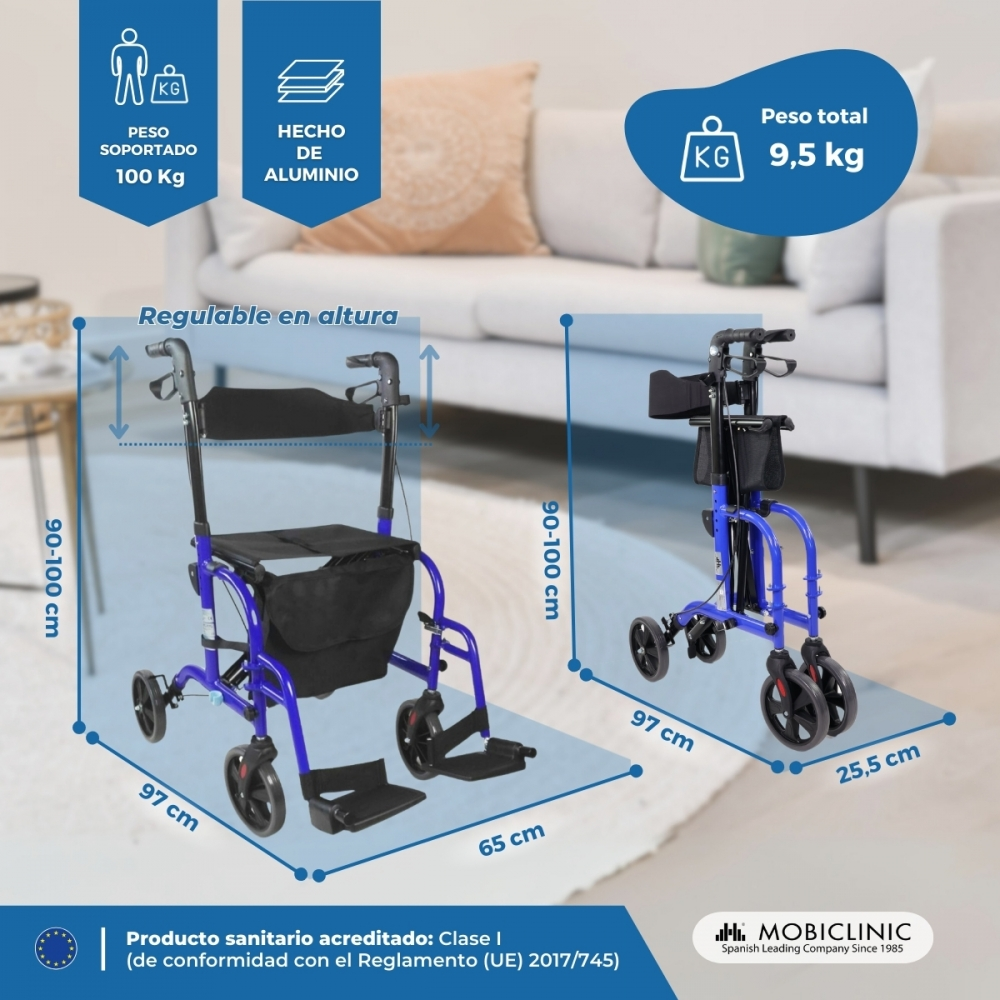 Dos andadores azules con asiento y cesta. Regulables en altura 90-100 cm.