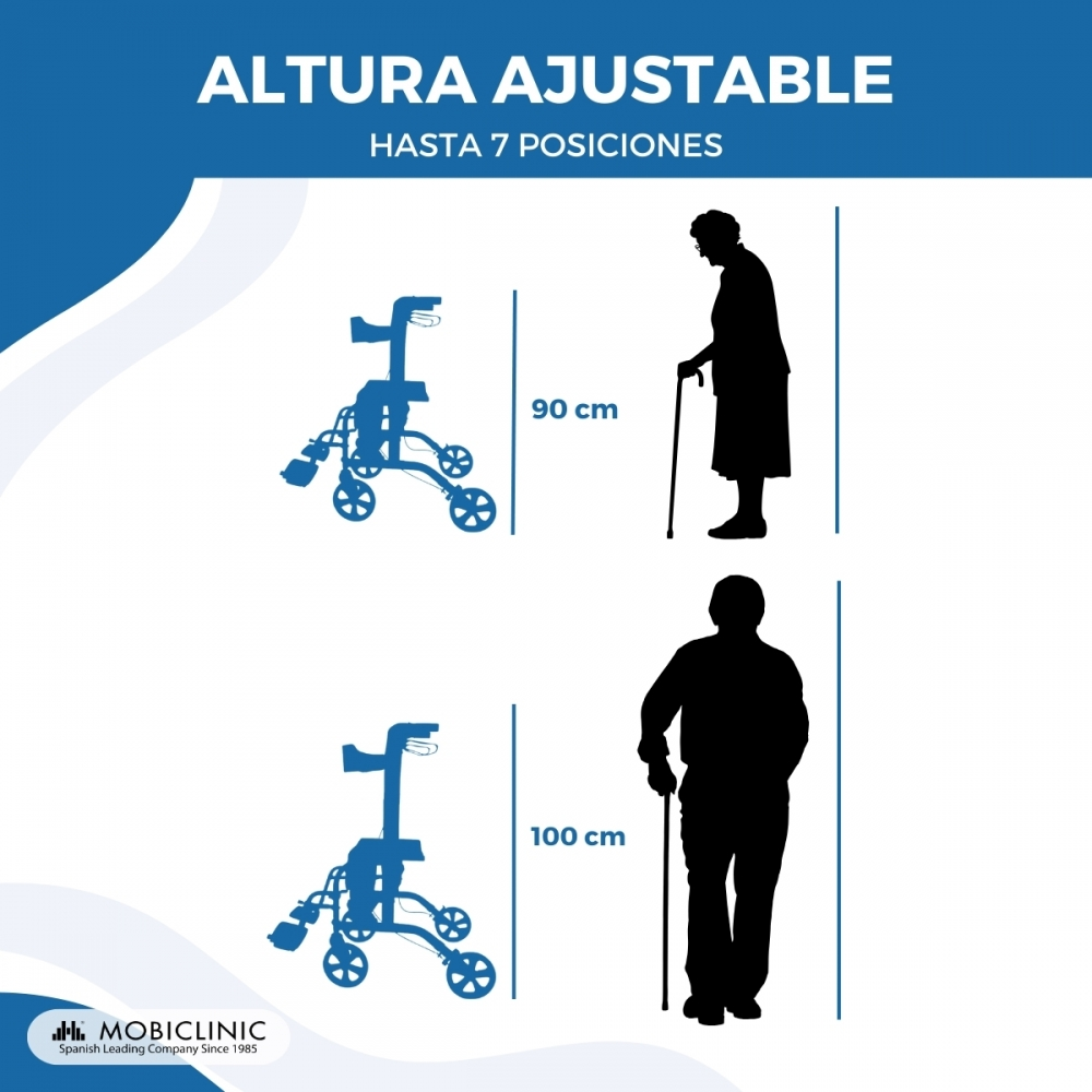 Andador ajustable para 90cm y 100cm, hasta 7 posiciones.