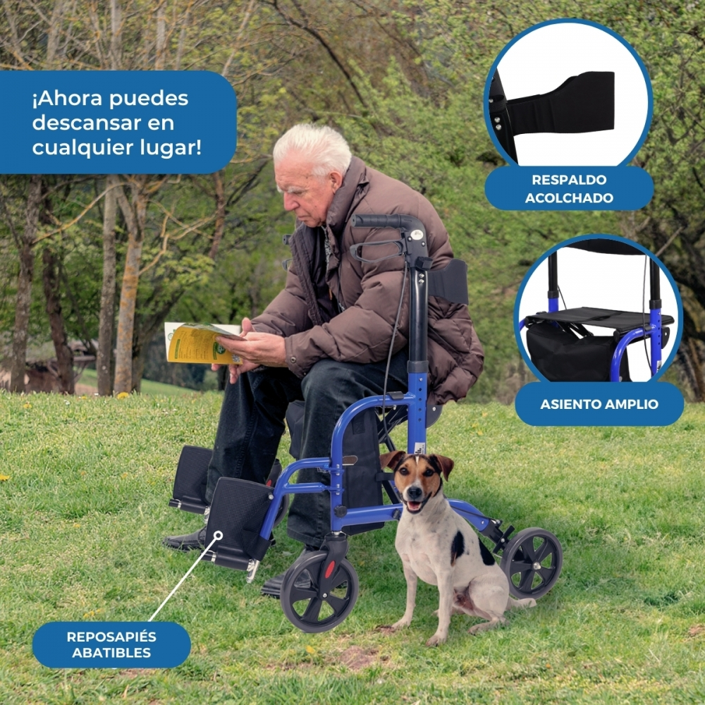 Un anciano sentado leyendo en un andador azul al aire libre. Un perro sentado a su lado.