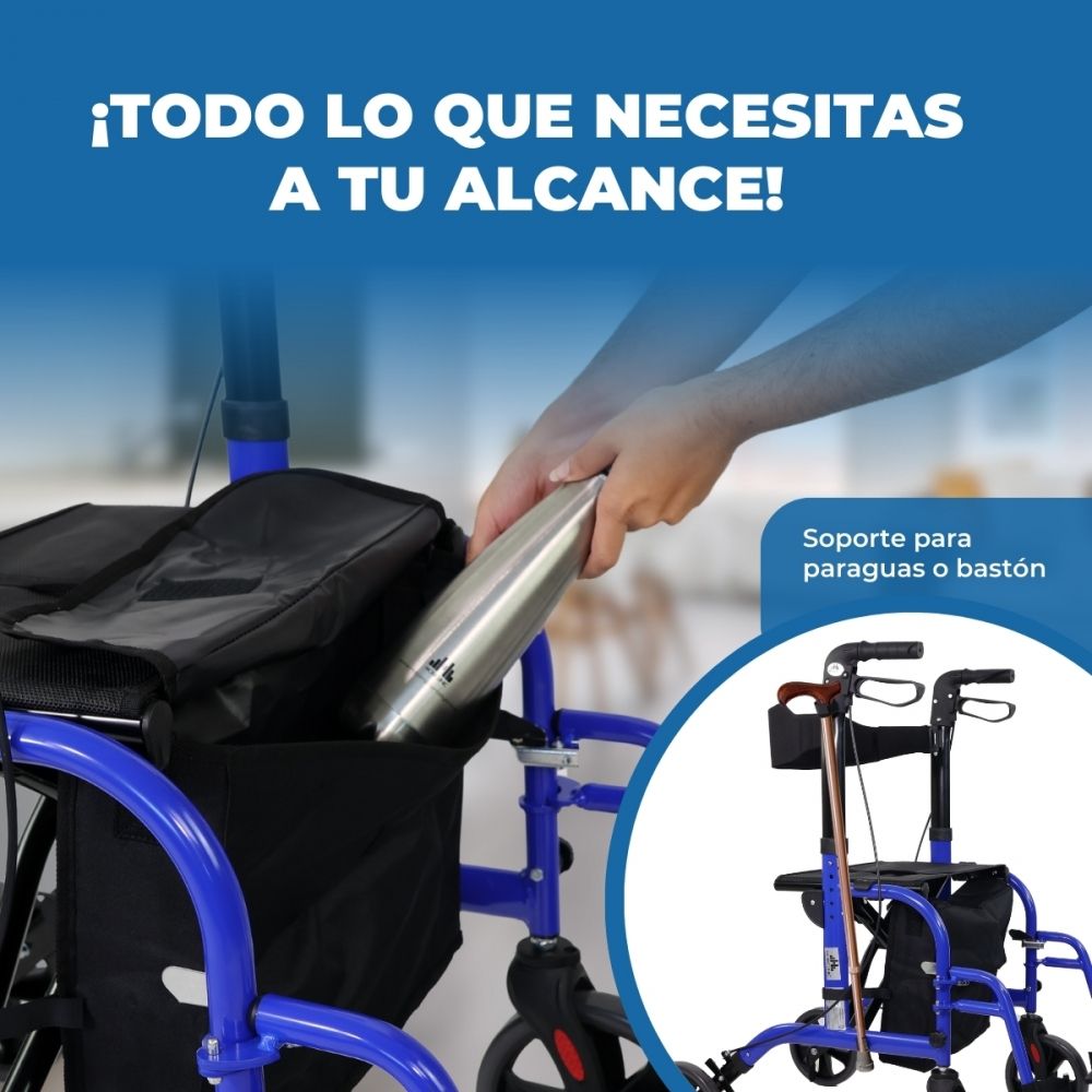 Un andador azul con una bolsa en la que se está colocando una botella de agua.