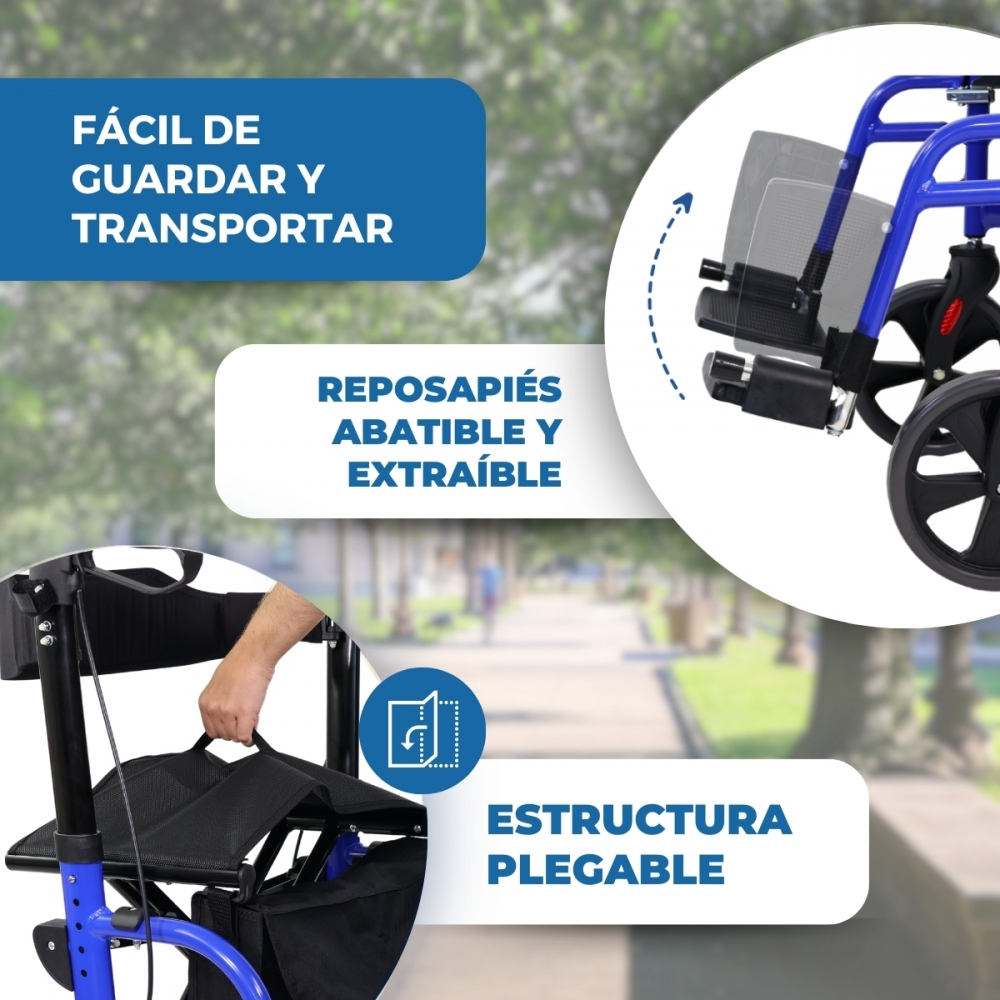 Andador azul con reposapiés extraíbles y estructura plegable.