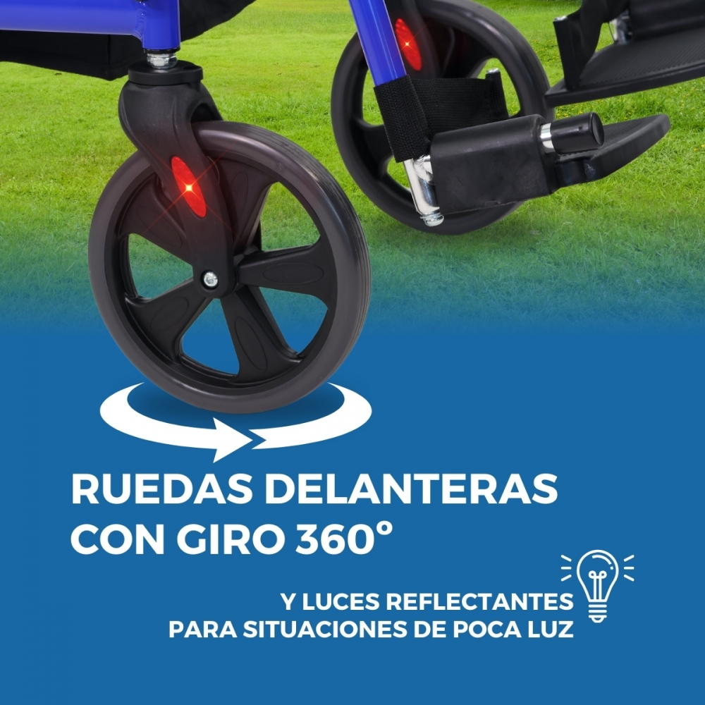 Rueda delantera de silla de ruedas con giro de 360° y luces reflectantes.