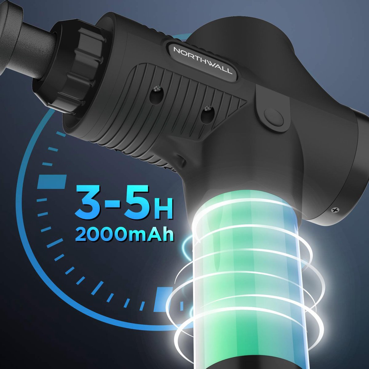 Schwarzes Massagegerät mit leuchtender Batterieanzeige. 3-5 Stunden Laufzeit.