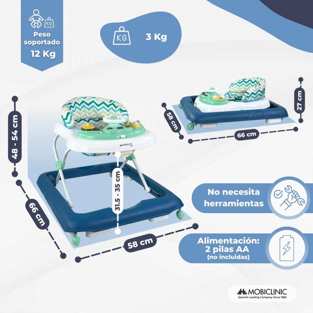 Un andador para bebés con detalles azules y verdes, se muestran las dimensiones.