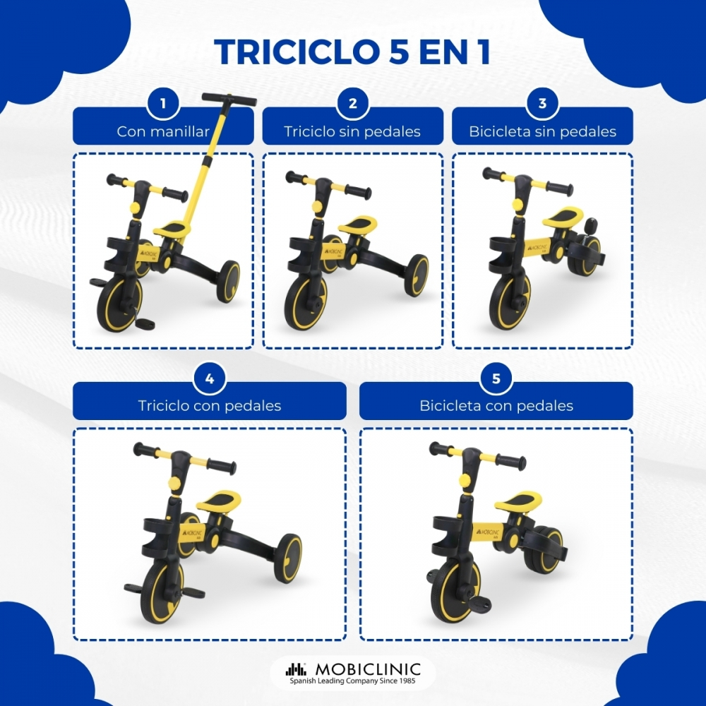 Triciclo 5 en 1: varios modos con manillar, pedales y como bicicleta.