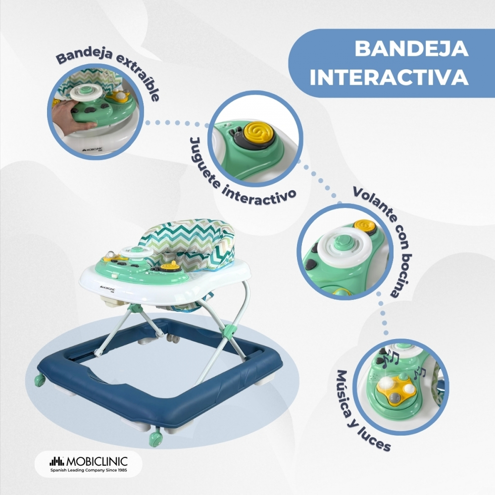 Andador para bebé con bandeja interactiva extraíble, volante y música.