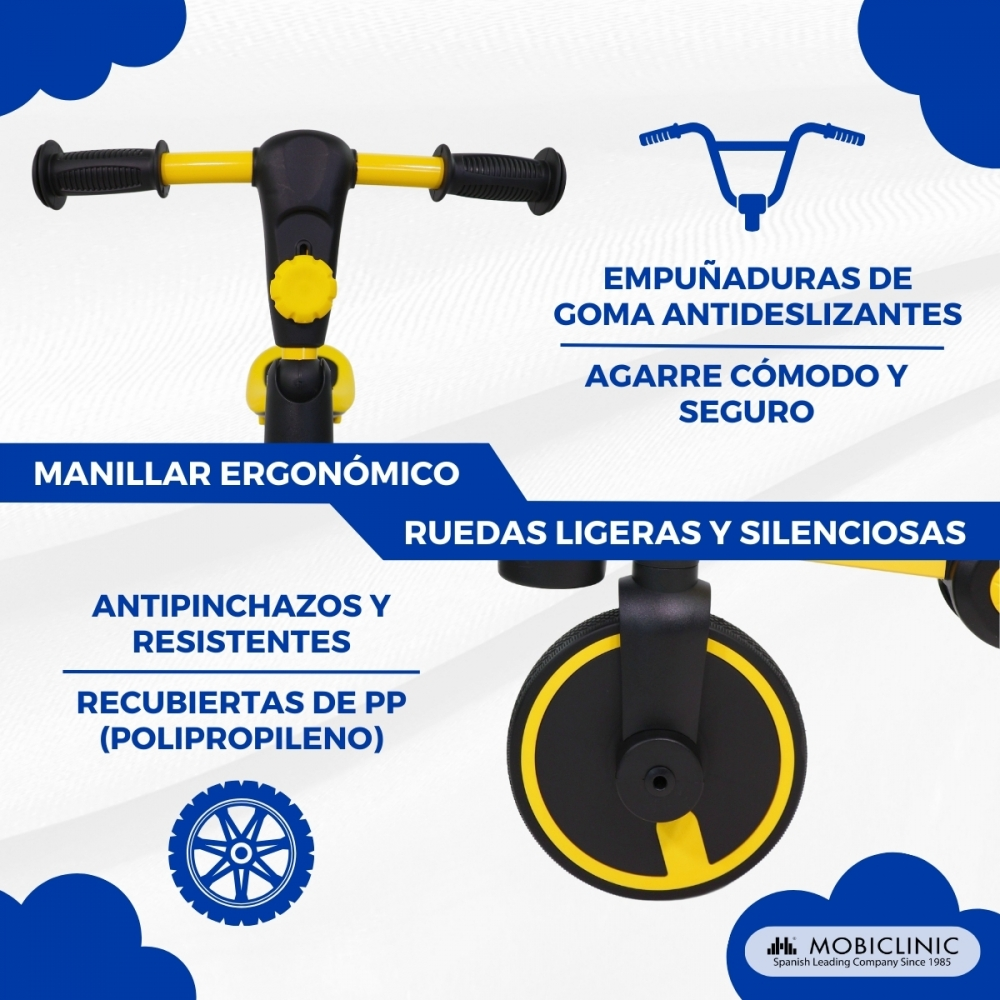 Manillar de triciclo amarillo y negro con puños y rueda, con texto sobre características.
