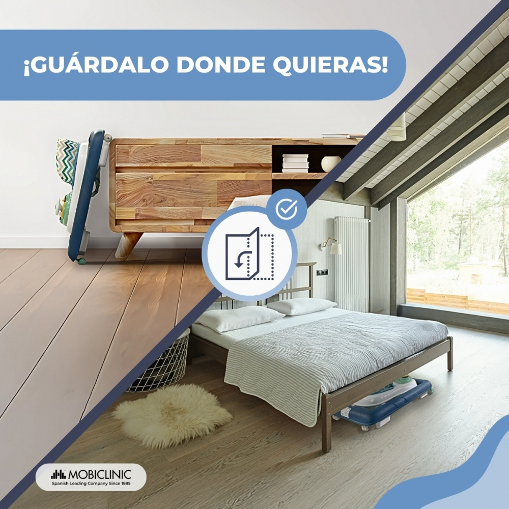 Un andador para bebés junto a un aparador de madera y una cama en una habitación.